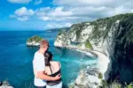 Spectacular view of the white sand and turquoise water at Diamond Beach in East Nusa Penida, organized by Nusa Penida Transport Group