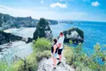 Panoramic view of the Thousand Islands rock formations in the ocean off East Nusa Penida