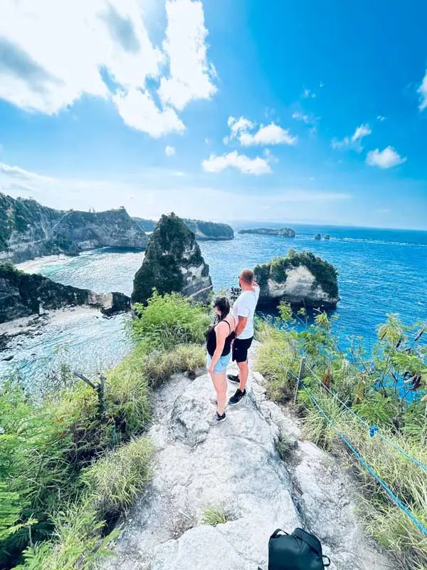 Panoramic view of the Thousand Islands rock formations in the ocean off East Nusa Penida